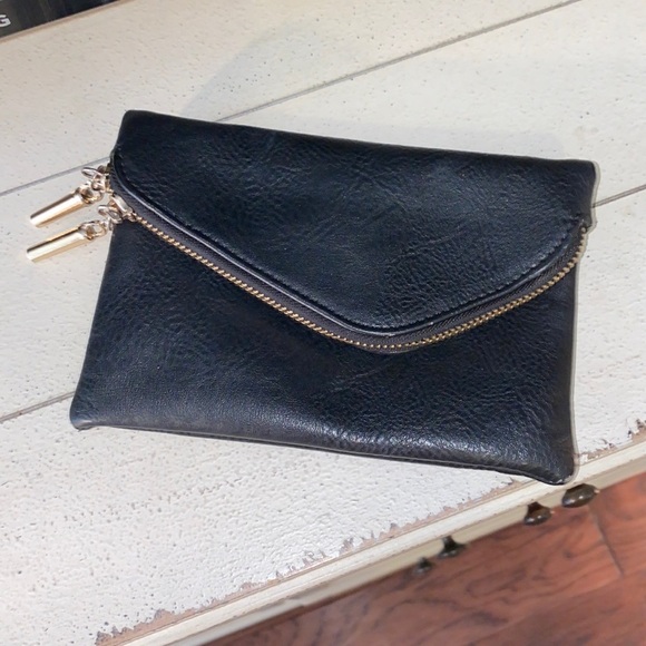 Handbags - Black small handheld clutch gold metal zipper closure two pockets w/ credit card